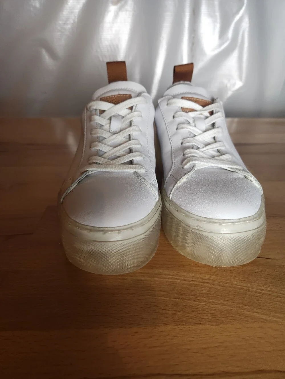 42 Gold Glee White Leather Platform Sneakers Women 7 Chunky Clear Soles Casual - Picture 5 of 11